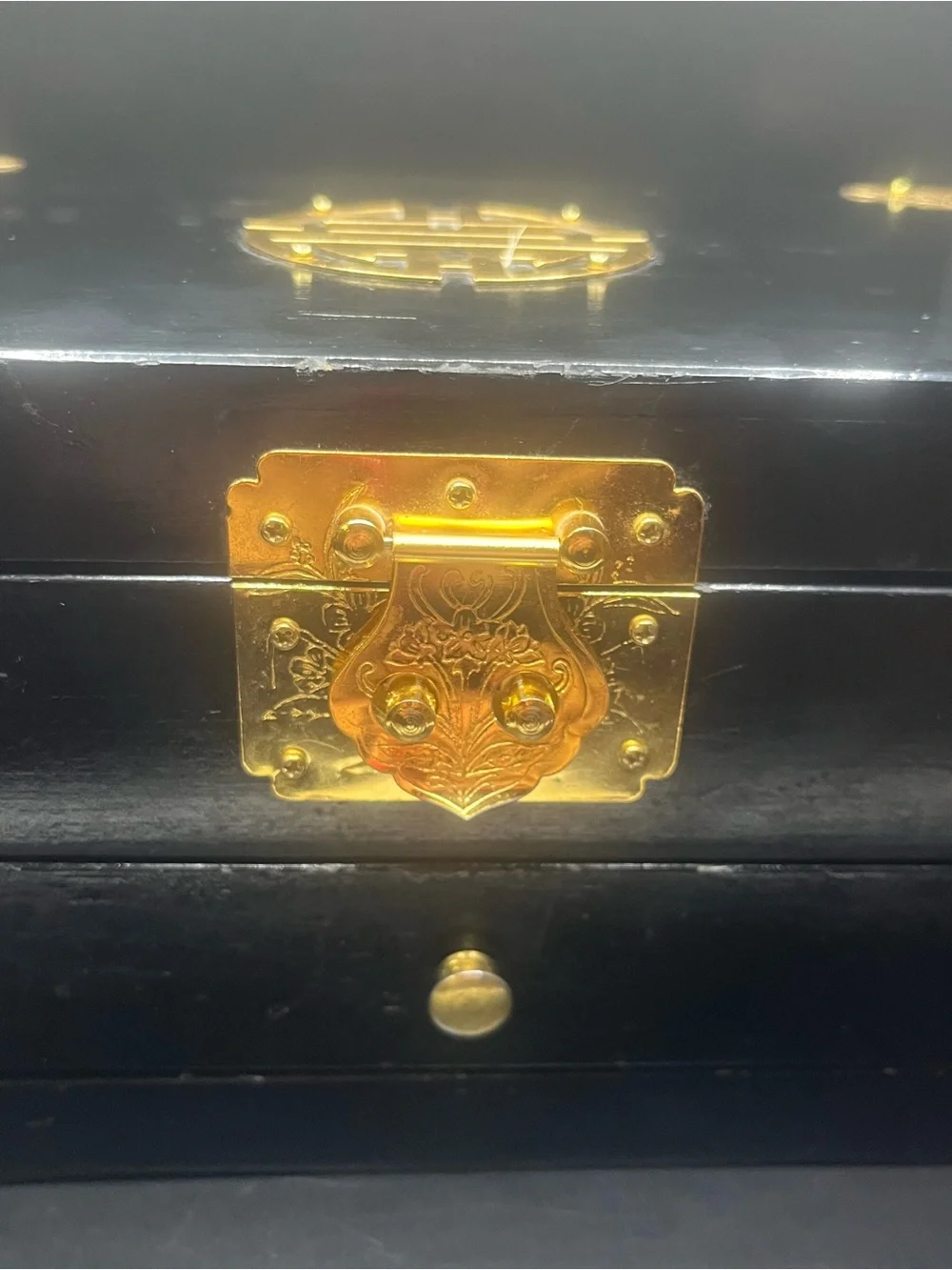 Vintage Asian Black Lacquer Jewelry Box Drawer Brass Hardware Chinese Longevity